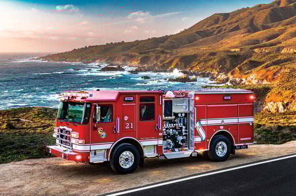 Fire engine parked in front of oceanfront