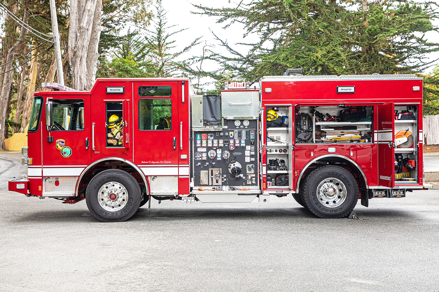 Drivers side compartmentation and equipment on pumper fire truck