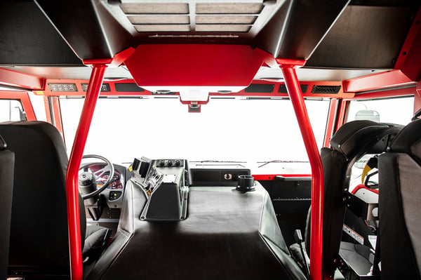 Pierce Velocity custom fire truck chassis interior with black and red interior. 