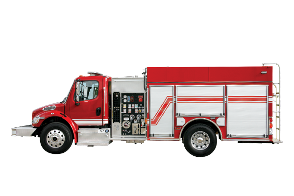 Driver’s side of a Pierce BX™ Pumper with three side compartments and a pump panel. 