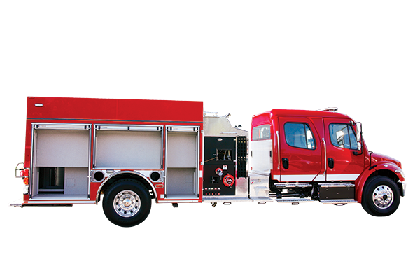 Pierce BX™ four-door Pumper with side compartment doors open. 