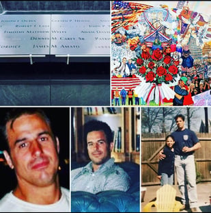 A tribute collage honoring FDNY Lieutenant Kevin Donnelly with personal photos, his memorial plaque, and 9/11 artwork.