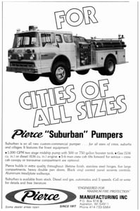 Vintage black and white advertisement for a Pierce Suburban Pumper fire truck, designed for cities of all sizes.