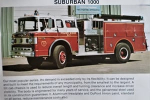 Original Pierce Suburban 1000 pumper fire truck shown in a vintage advertisement.