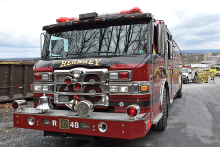 A front angle shot of a Hershey volunteer fire department truck with the number 48 on the front grill.