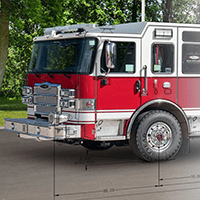 Red fire truck photo next to a schematic of a fire truck.