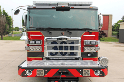 A straight on shot of the front of the Lexington County Fire Service Rescue truck, with the number 301 across the chrome grill.