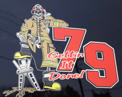A skeleton dressed as a firefighter with a large red number 79 graphic on a navy blue background.
