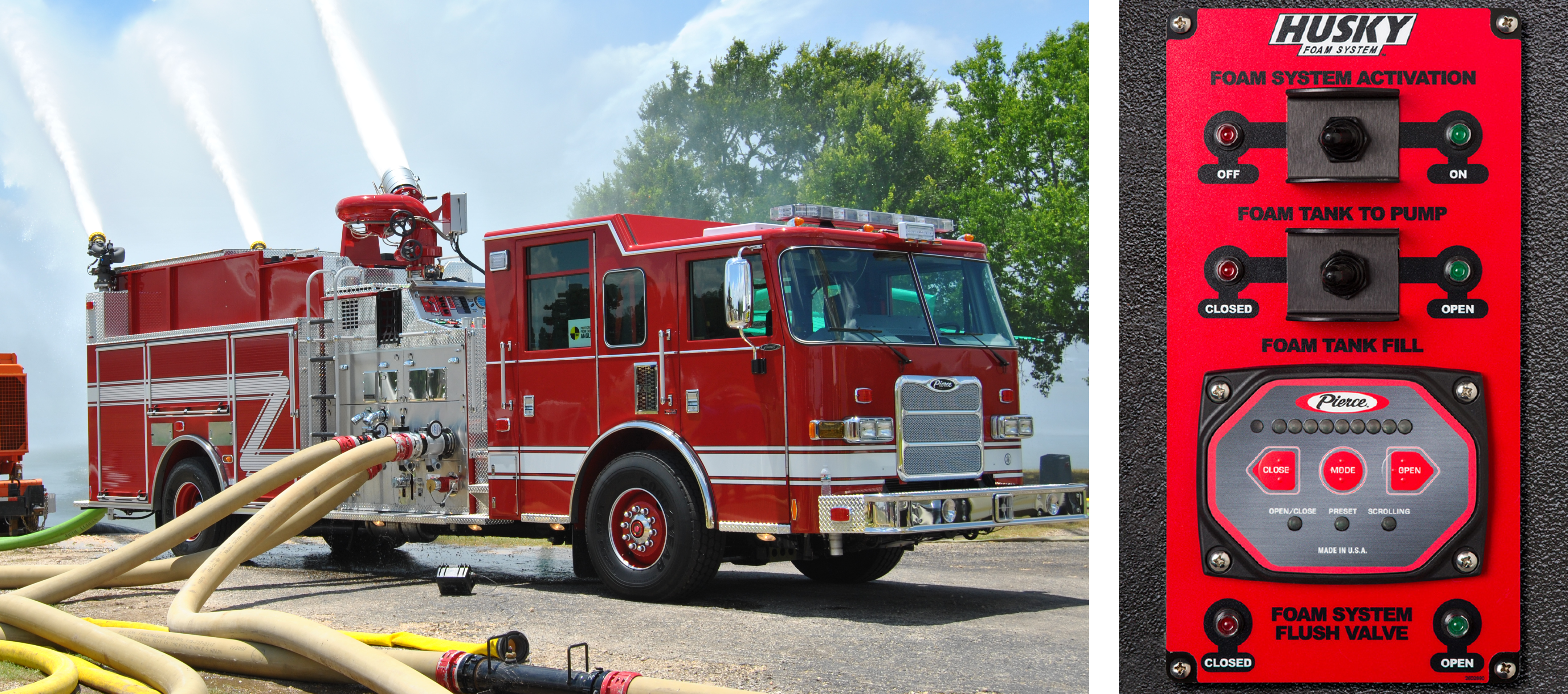 Pierce Pumper Fire Truck parked outside spraying Husky™ Industrial foam and the Husky™ Foam system control panel.