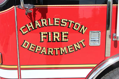 Charleston Fire Department on door of a Pierce pumper