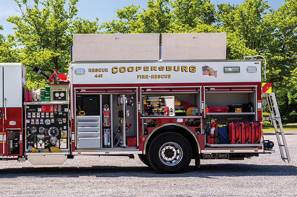Drivers side compartments on Pierce Heavy-Duty Rescue Pumper