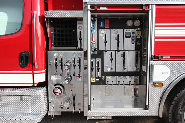 Pump panel layout on Officer's side of a Pierce Pumper Responder Fire Truck. 