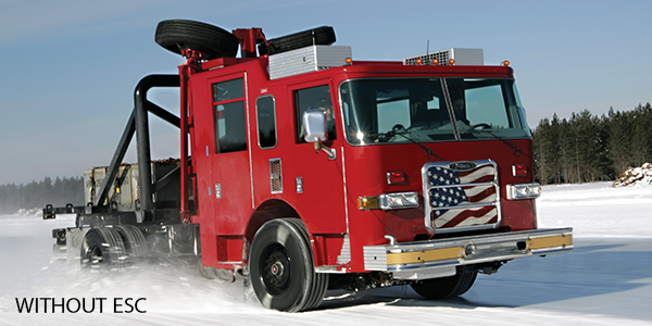 A Pierce Fire Truck outside driving in the snow testing for Stability Control without ESC. 