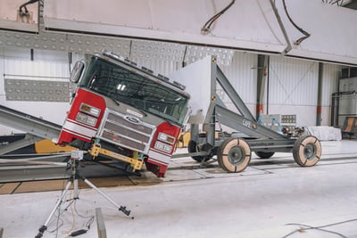 A red Pierce fire truck taking part in a safety system test.