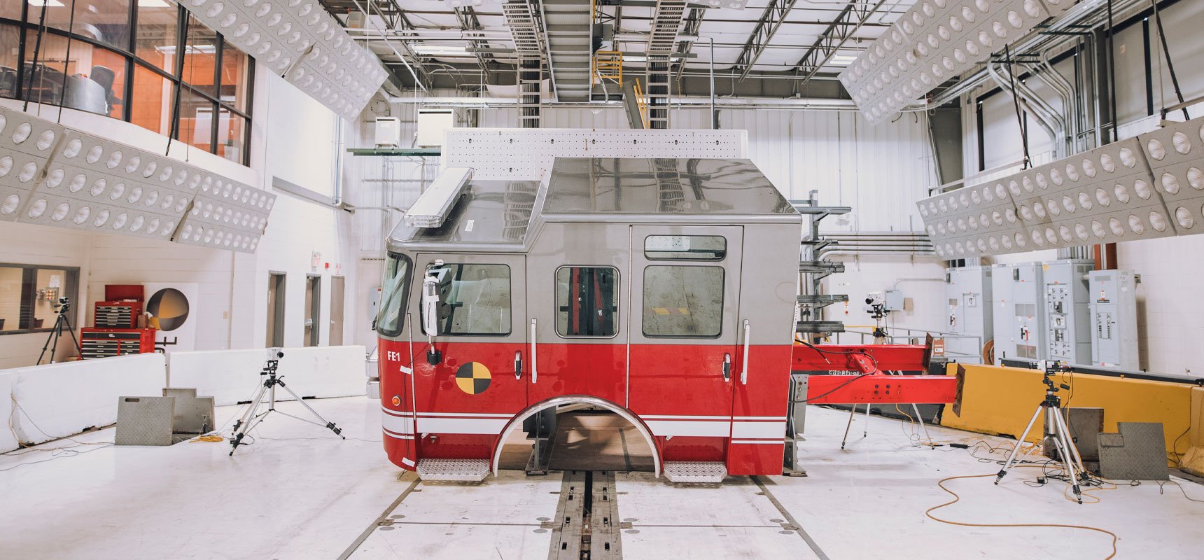 A red Pierce fire truck undergoing a safety systems test.