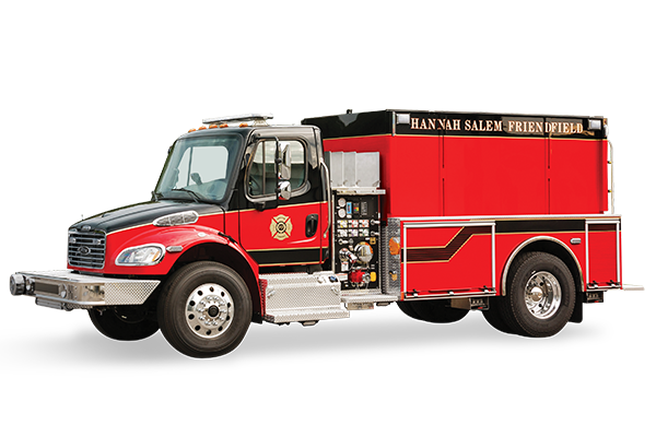 Front and officer’s side of a Pierce BX™ Tanker Fire Truck with a side Single Axle. 