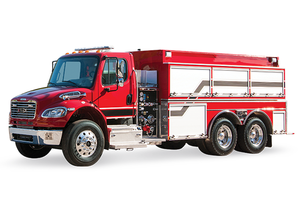 Front and driver’s side of a Pierce BX™ Tanker Fire Truck with a side Tandem Axle. 