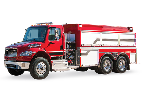 Driver’s side of a Pierce BX™ Tanker Fire Truck with a Side Tandem Axle. 