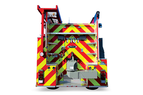 Rear of a Pierce Custom Dry Side Pumper Tanker Fire Truck. 