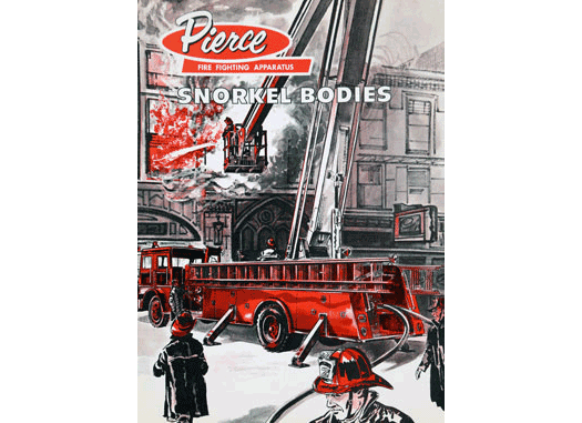Pierce Snorkel product catalog with a firetruck and firemen fighting a fire in a building in 1958. 