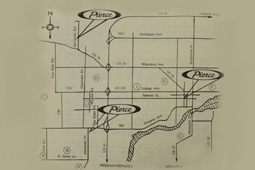 Map of the three Pierce Manufacturing facilities in Appleton, Wisconsin in 1986.