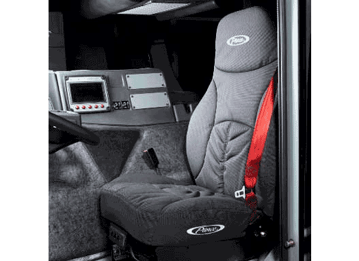 Driver’s side seat on the interior of a Pierce Manufacturing firetruck with grey cloth interior.