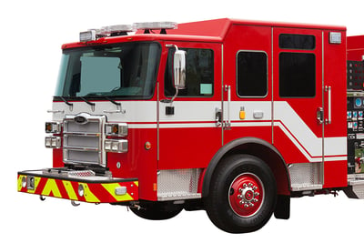 A red fire truck is isolated on a white background in the Build My Pierce Program.