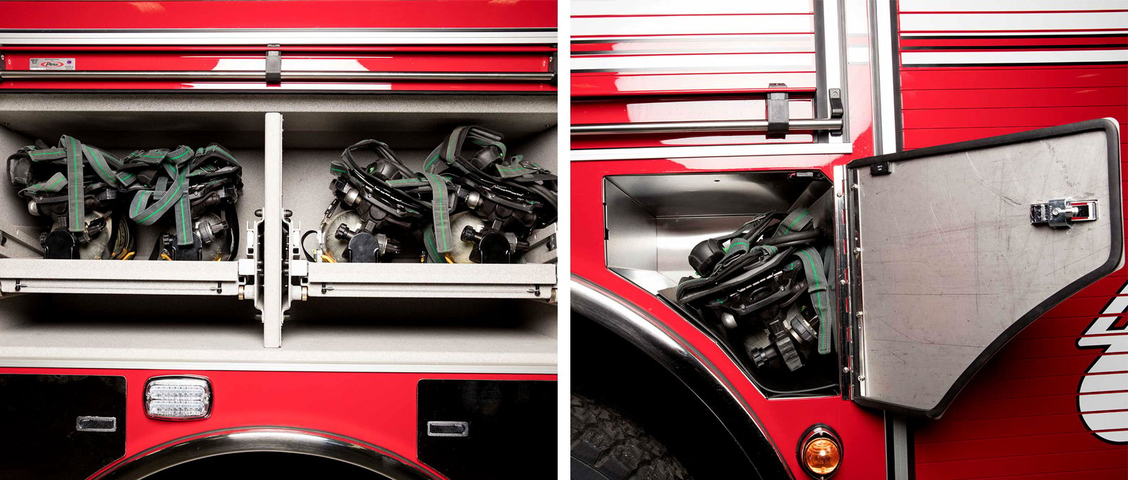 An image collage of two images show exterior storage compartments on a red fire truck, which are holding SCBA equipment. 