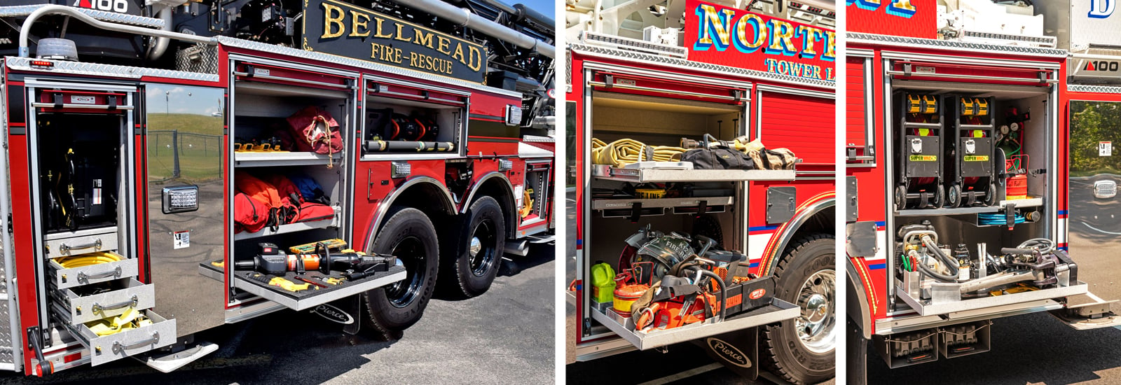 Two side-by-side images show how pull-out trays can hold tools and equipment on a fire truck, including chainsaws, handsaws and smaller hand tools.