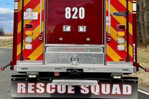 The rear end of the Prince George County Fire/EMS Department HDR shows the steps leading into the walk-in rescue compartment.