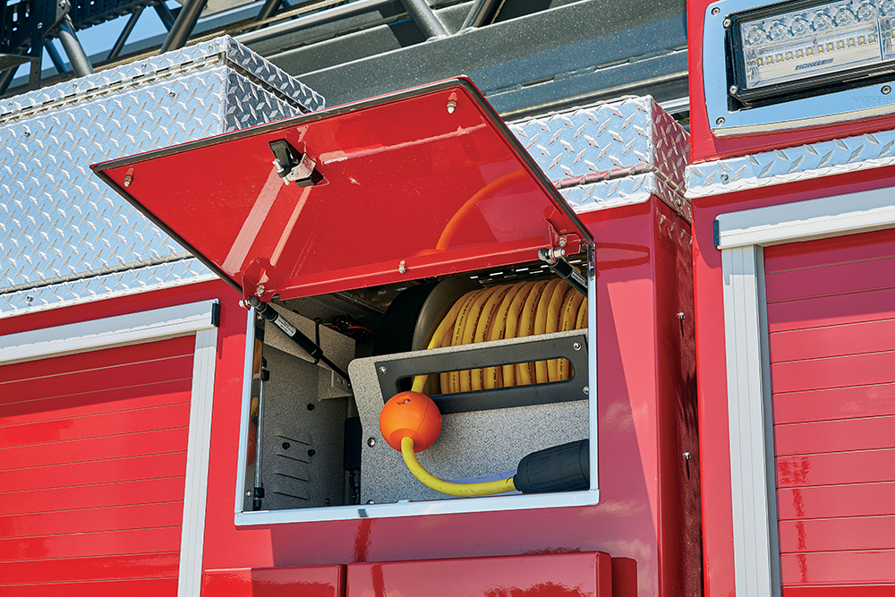 Southern Platte Fire Protection District 100' Heavy-Duty Steel Aerial Platform Fire Truck Hose Reel