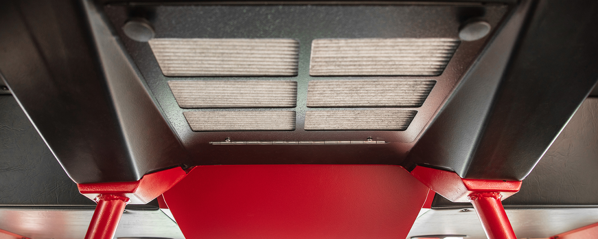 HVAC Filtration system with a clean cab concept on the interior ceiling of Pierce fire truck. 