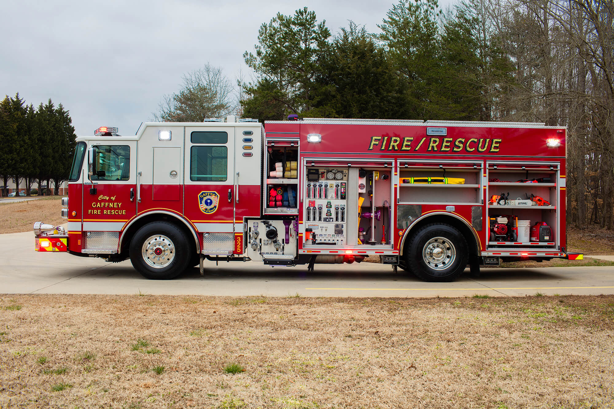 Driver Side of Fire Truck Comprtmentation and Equipment