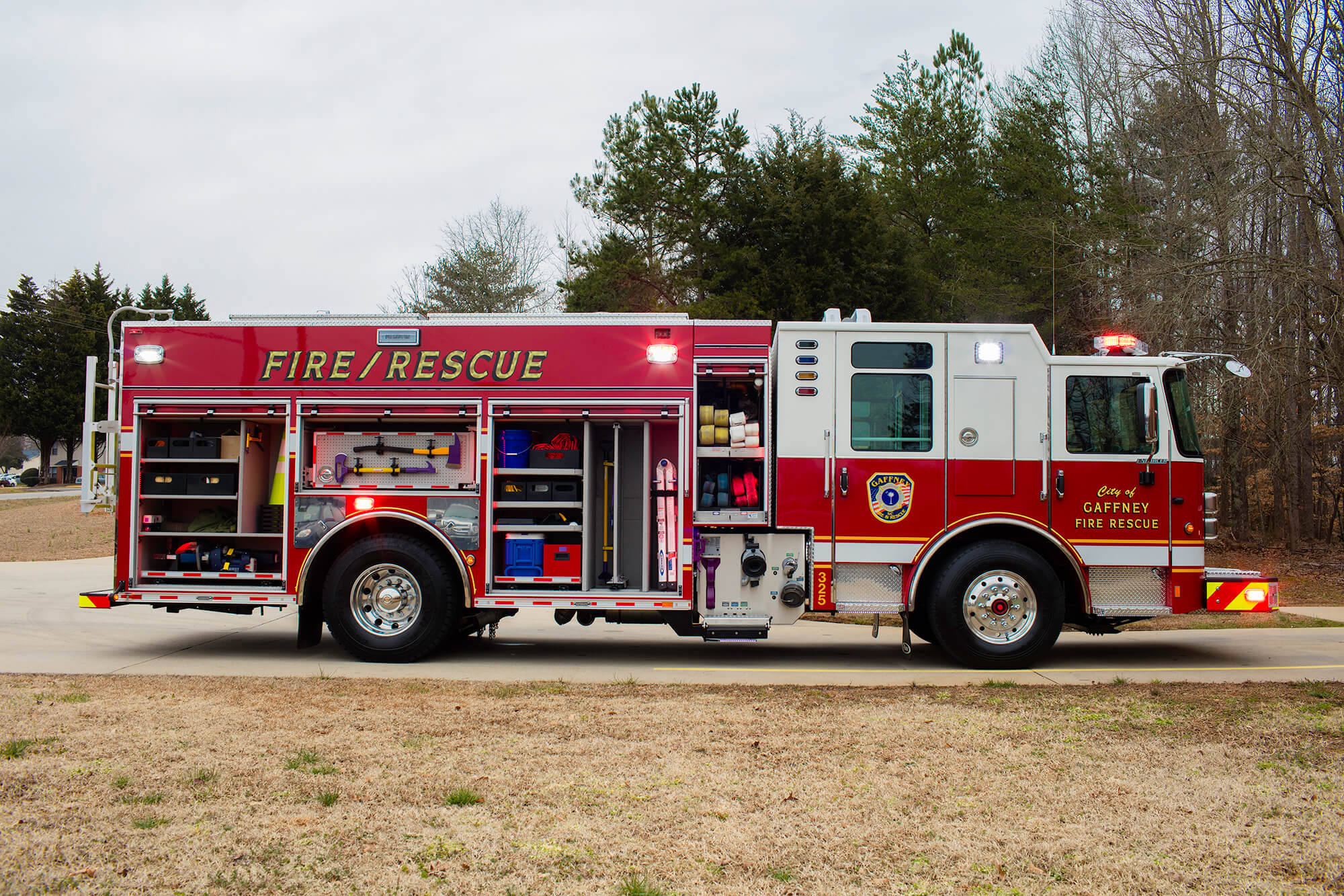 Passenger Side of Fire Truck Compartmentation and Equipment