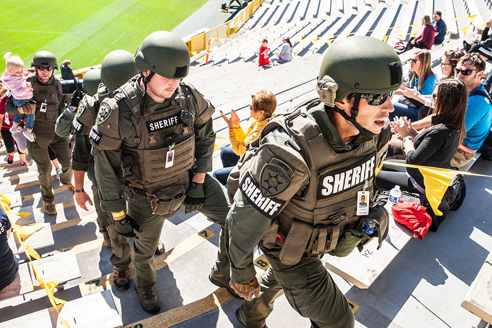 Sheriffs climbing the stair at Lambeau Field at the Pierce Manufacturing 9/11 Memorial Stair Climb Event.