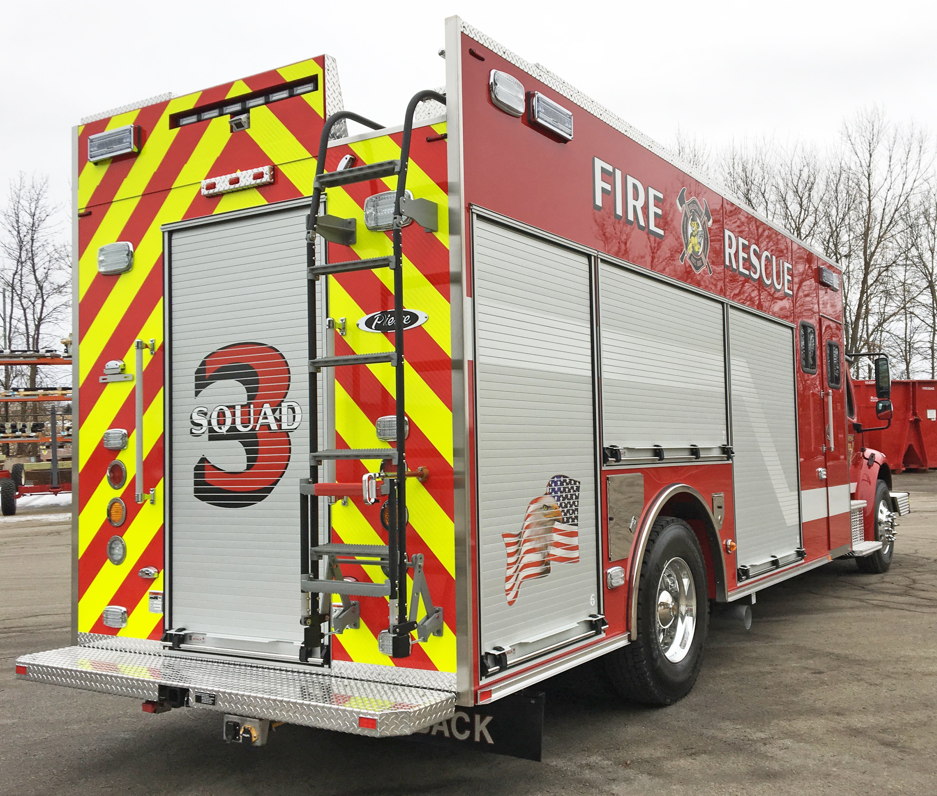 Pierce ENCORE Rescue Fire Truck Rear Officer Side