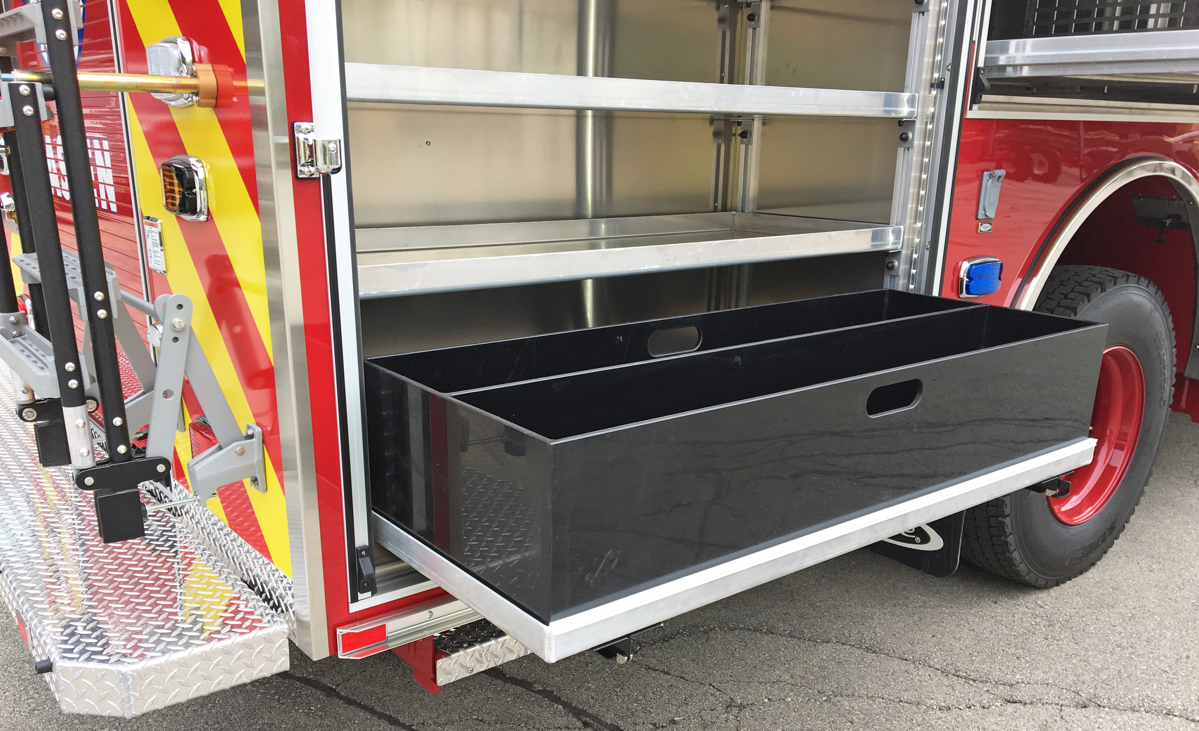 Pierce ENCORE Rescue Fire Truck Pull Out Compartment Shelving