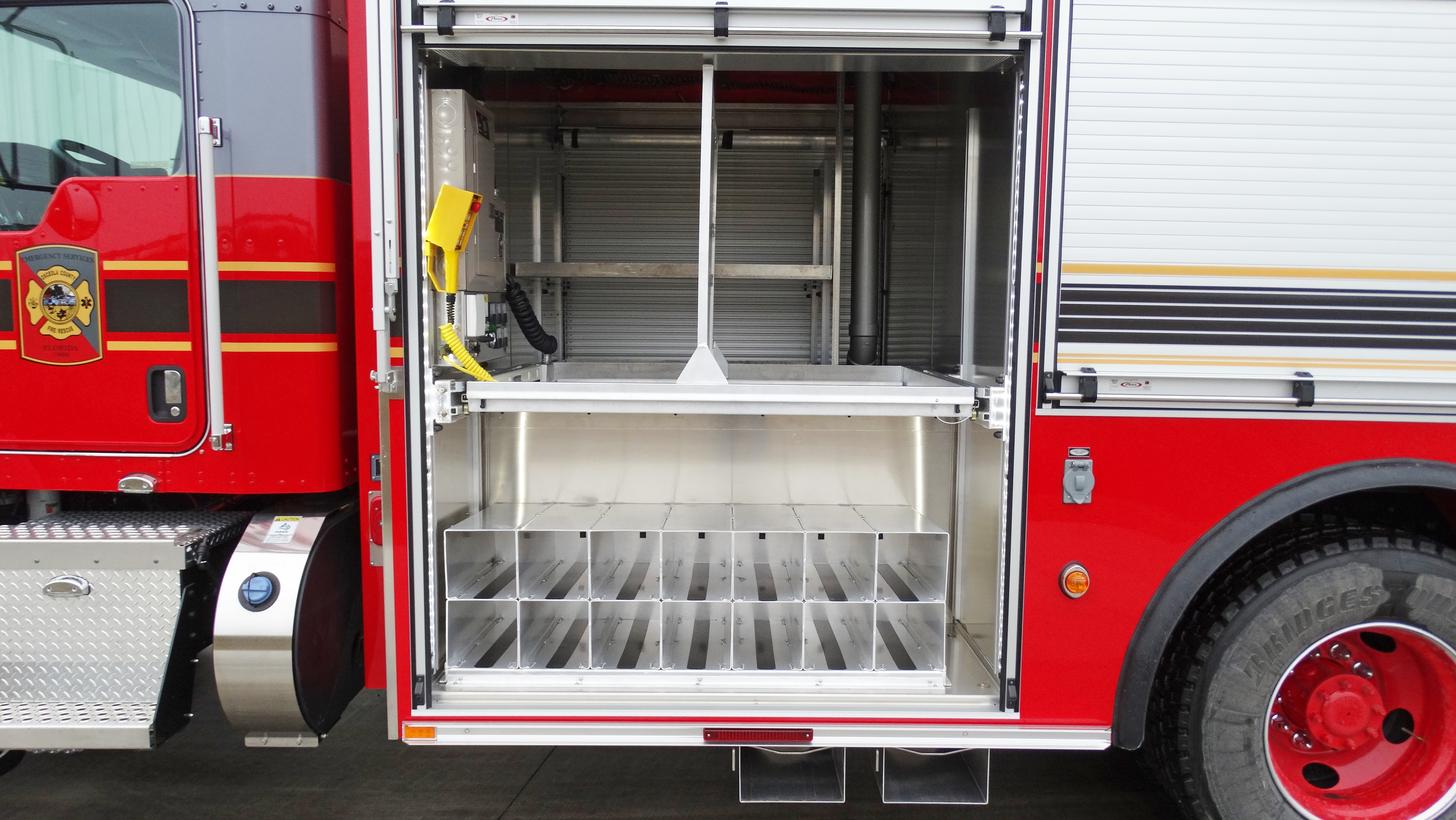 Pierce ENCORE Rescue Fire Truck Drivers Side Compartment Shelving
