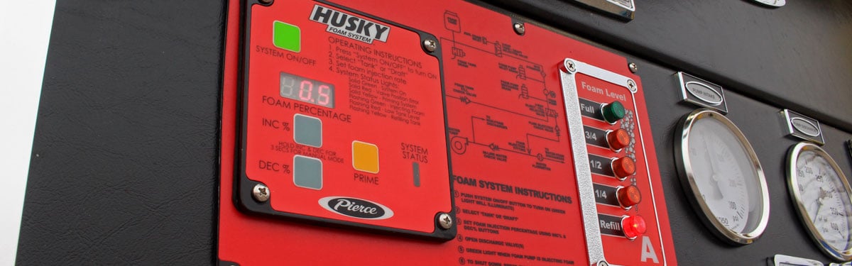 Pierce Husky™ 3 Foam System control panel on a Pierce Fire Truck. 