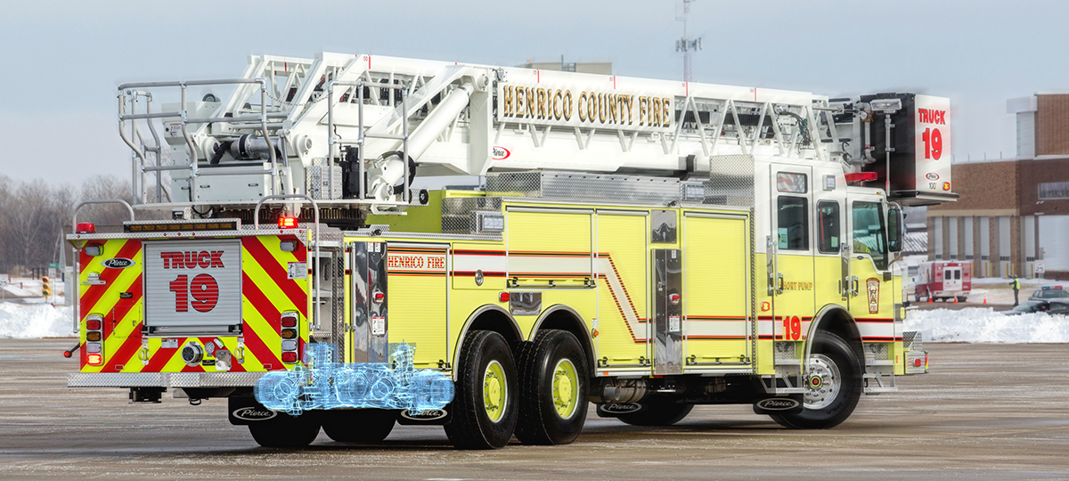 Pierce Fire Truck parked outside in a parking lot with a TAK-4® Independent Rear Suspension System.  