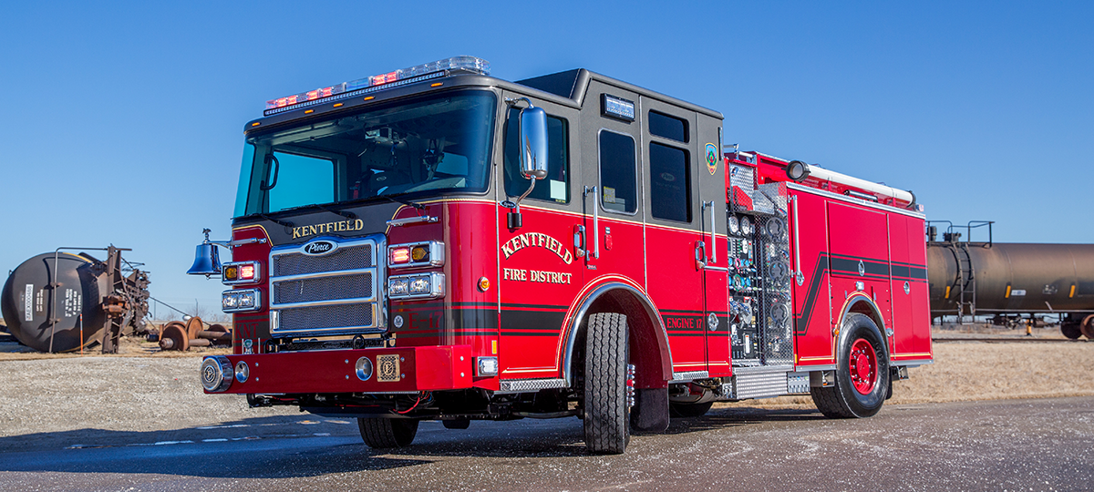 Pierce Fire Truck parked outside on a sunny day with a TAK-4® Independent Suspension System. 