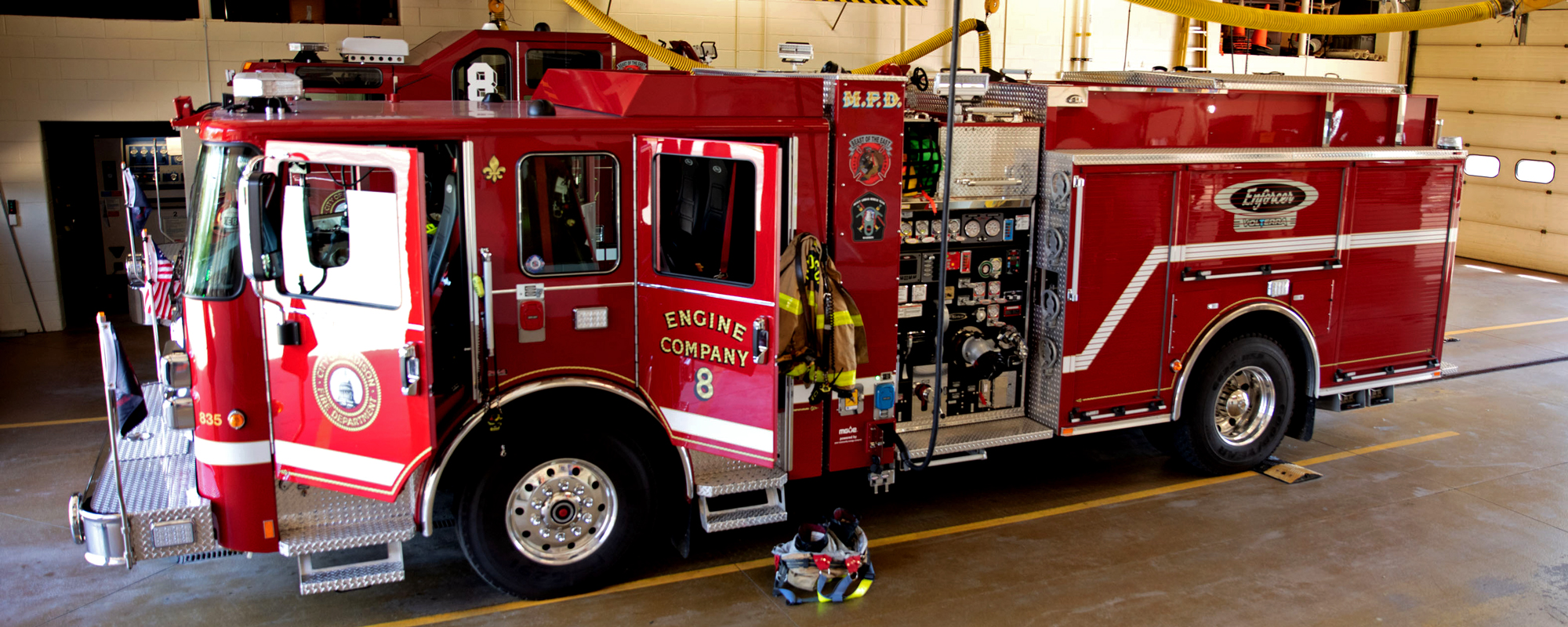 Pierce Volterra electric fire truck in Madison, Wisconsin Fire Department in charging station. 