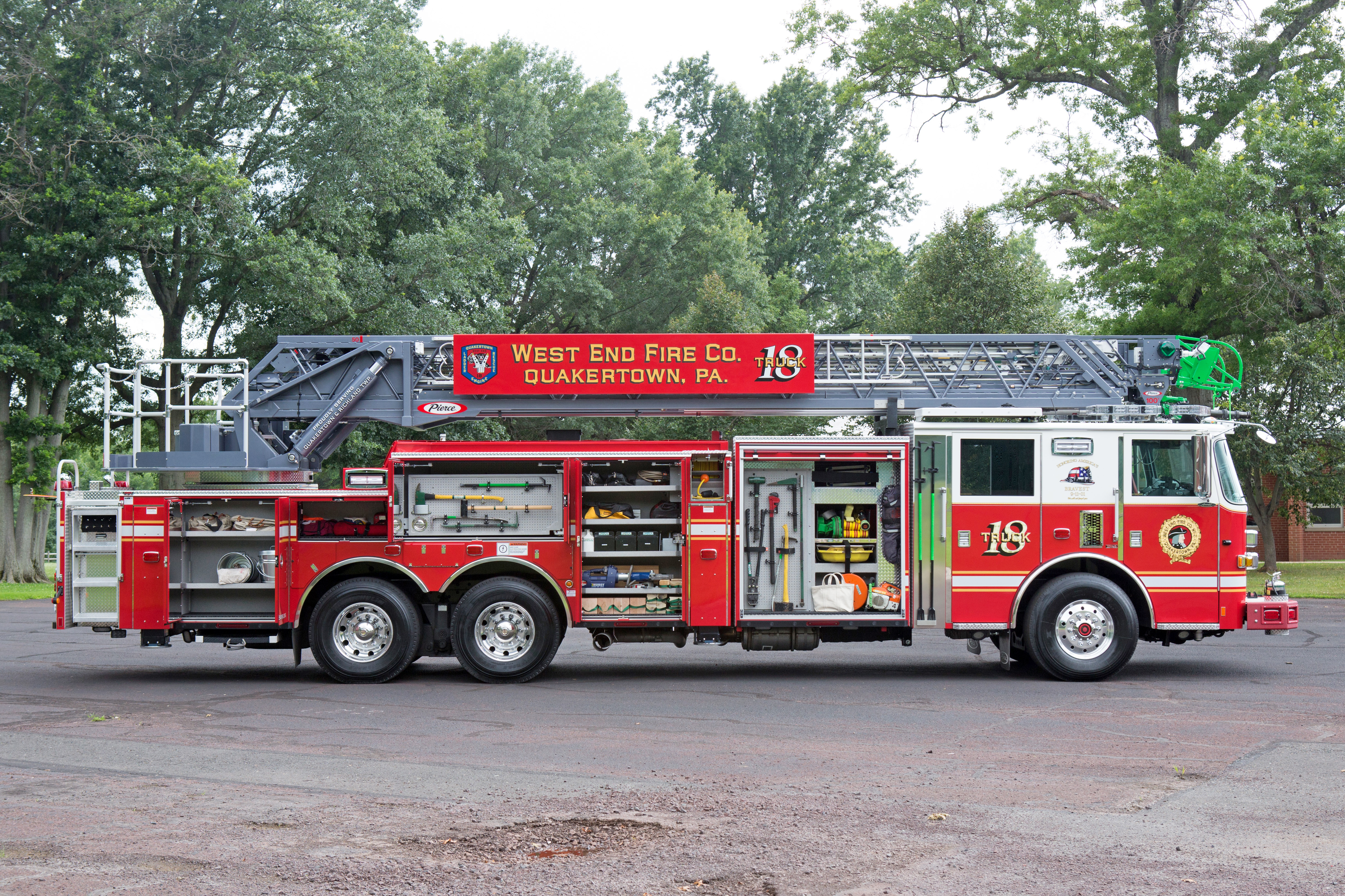 Pierce 105' Heavy-Duty Steel Aerial Ladder Fire Truck Passenger Side Compartments