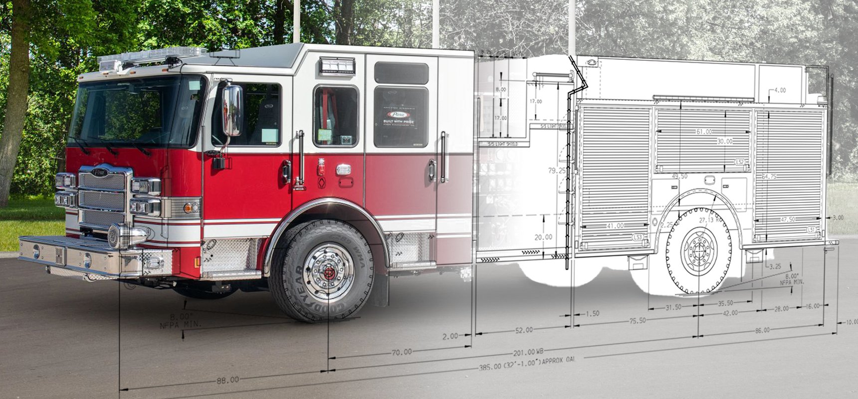 Red fire truck photo next to a schematic of a fire truck.